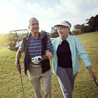 Elderly couple with arthritis walking together