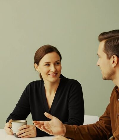 Couple sitting together and engaging in a calm, open conversation, symbolizing the Rebuild phase where partners learn communication tools, resolve conflict, and restore trust through guided online sessions.