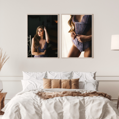 two boudoir canvases on wall