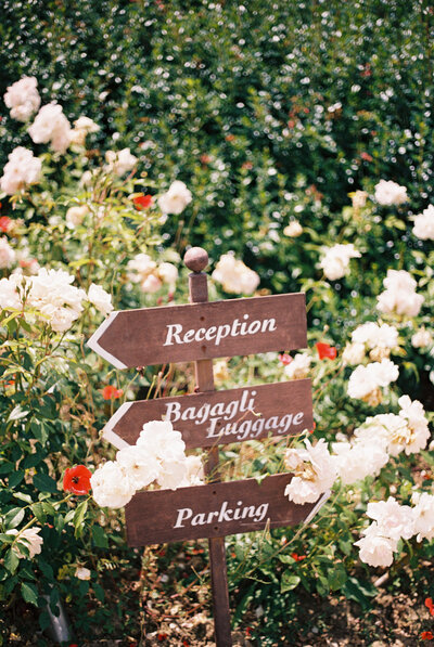 Wedding Reception Sign in Pink Flowers in Italy