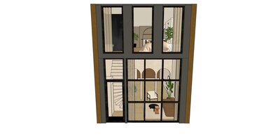3D vooraanzicht van Studio Laurant met visuele ontwerp toont de ruime en moderne gevel met een grote glazen pui