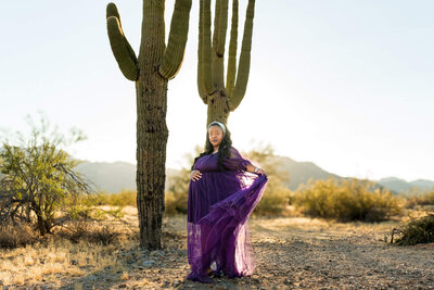 Mom-to-be swaying purple dress surrounded by Phoenix saguaros and desert at sunset