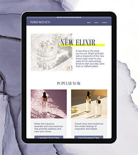 The image shows a stylish and luxury email newsletter designed by Bloom Studio, displayed on a tablet.