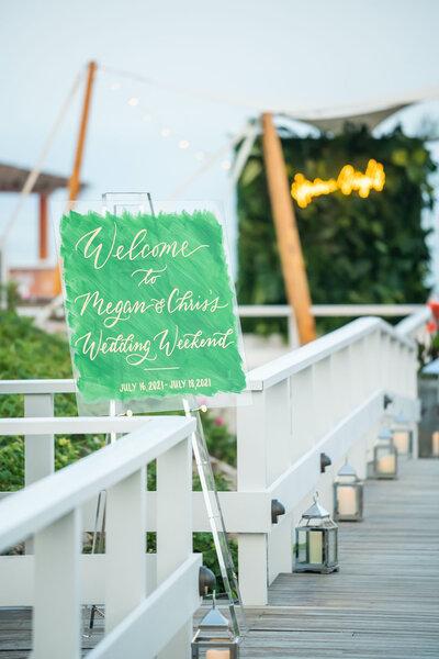 Welcome sign with calligraphy for wedding at The Ocean House in Rhode Island