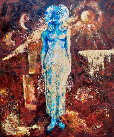 Goddess Painting by Marilyn Wells oil and cold wax painting based on Neolithic sculpture and Persephone.Sacred Earth Feminine paintings
