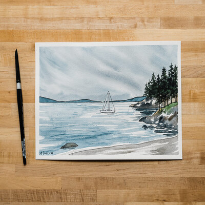 Watercolor painting of a peaceful setting of a sailboat moored off of Whidbey Island in Washington by Amy Duffy