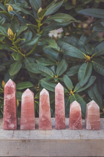 Warm pink coloured rose calcite crystal towers.