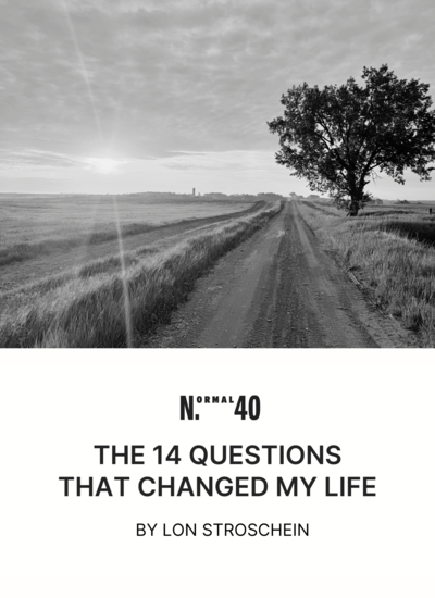 Tablet displaying “The 14 Questions That Changed My Life” guide by Lon Stroschein, set on a dirt road background at sunrise