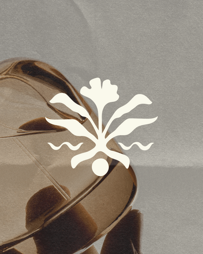 A close-up of the Flora x Fauna logo, featuring a stylized plant in white against a soft, earthy background. The design reflects the brand’s connection to nature and organic beauty.