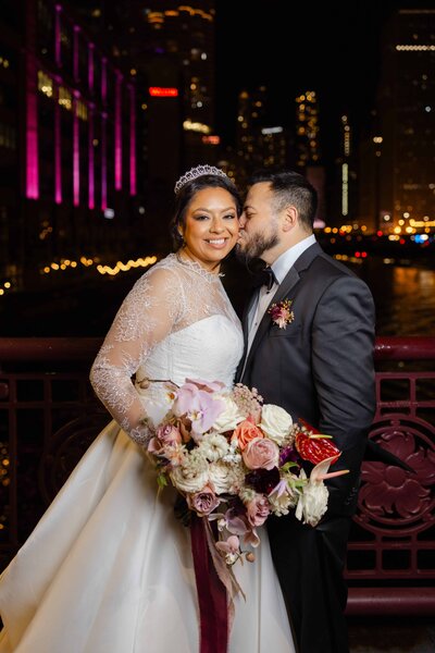 Romantic night portrait of bride and groom at River Roast.