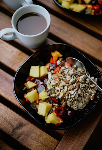 Healthy meal sitting on a slatted table