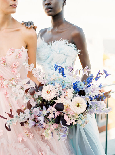 PortugWedding Bouquet in shades of blue, pink and purple for a Tanzilia bridal campaign shoot in Lisbon by Sofia Nascimento Studios specialized in bespoke and luxury events with a focus on Destination Wedding Planning, Styling & Design based in Lisbon and working worldwide