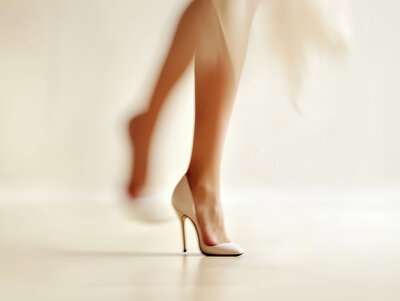 Detail photo of woman's legs, she is wearing nude pumps spinning with motion blur