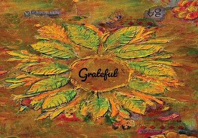 Media Art Piece - "Grateful" with yellow and green textured leaves by Leticia