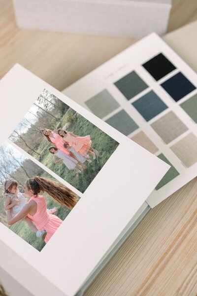 Heirloom album displaying family images lays on table.