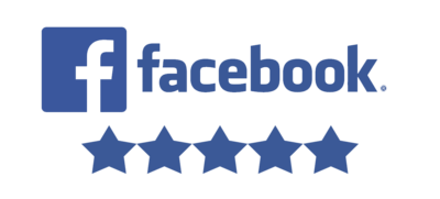 Facebook logo and five stars all in blue to promote reviews on Facebook