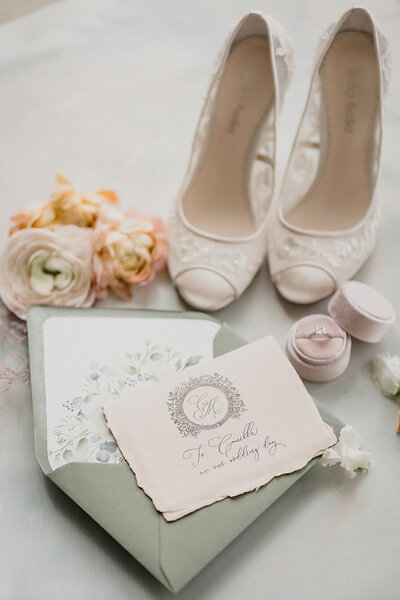 Shoes on display at the Olana wedding venue in Hickory Creek, Texas.