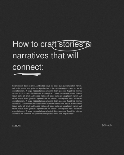 Black-and-white social media template mockup with bold, modern typography on a dark background.
