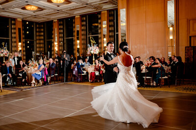 Bride and groom dance at The Peninsula Hotel in Chicago