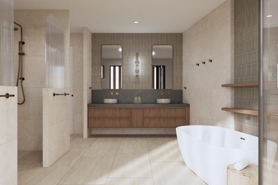A luxurious ensuite at Nova, Newport featuring a double vanity with brass tapware, timber cabinetry, and modern vertical tiles.