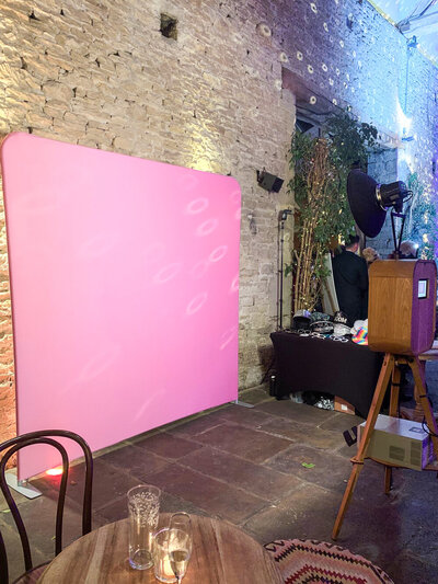 Premium party entertainment modern wooden photo booth hire for Stone Barn corporate events, weddings, private parties, brand launches and more