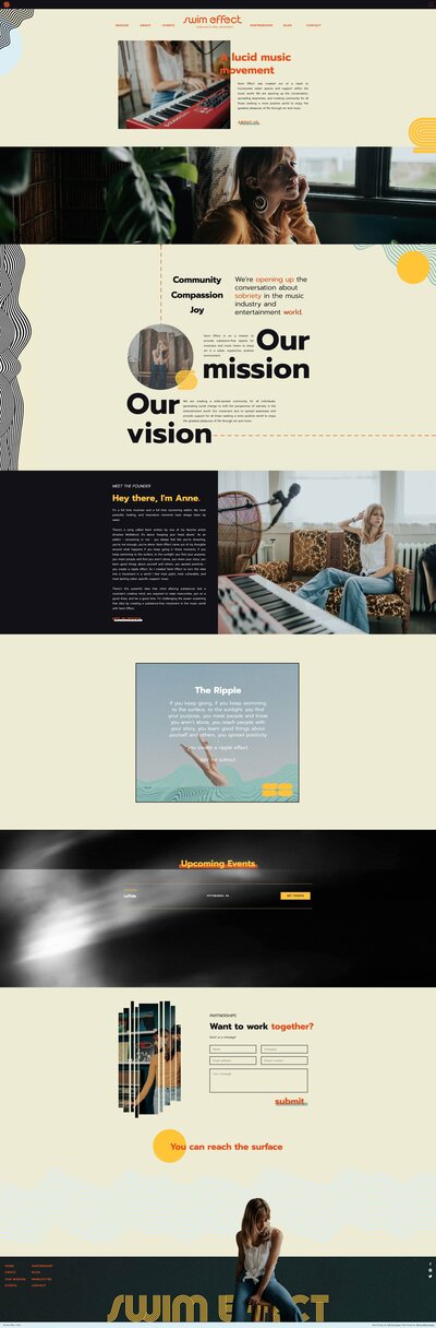 This webpage features sections such as 'Swim Effect', 'Hustled Music', 'Our Mission', and 'Our Vision'. It showcases images of a woman, text blocks, graphics, and navigational links. Ideal for those seeking Shreveport web design or brand identity design services for their small business.