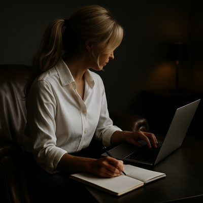Boss babe working on macbook laptop with notepad in moody lighting