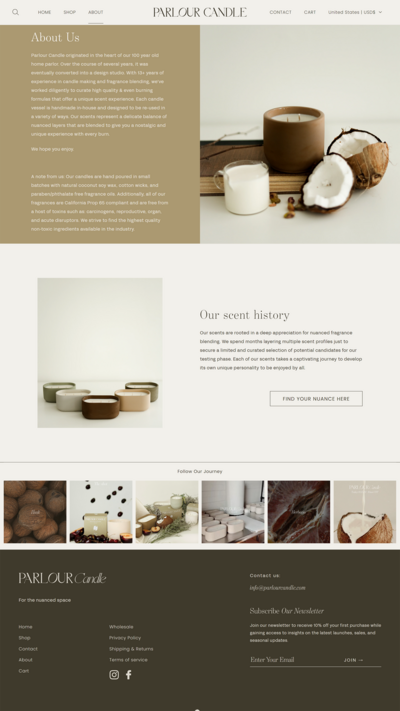 Parlour Candle is a handcrafted candle and home decor line created in a 100-year-old studio space. Using 100% natural coconut soy wax and high-quality, paraben- and phthalate-free fragrance oils, each candle vessel and decor piece is handmade with natural earth pigments and concrete. The line emphasizes sustainability, featuring fully recyclable vessels and no excess plastic in the packaging.