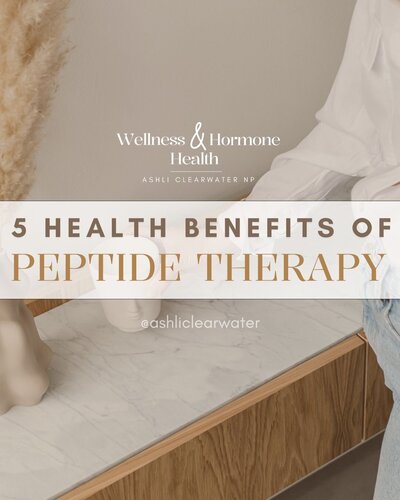 Screenshot of an Instagram post from Wellness & Hormone Health sharing 5 health benefits of peptide therapy, from a hormone therapy clinic in Centennial, Colorado serving surrounding areas.
