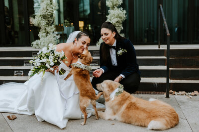 brides petting dog on wedding day