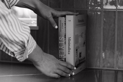 Coffee table books in kitchen