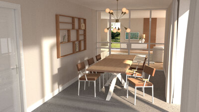 realistisch 3d interieurontwerp met houten eettafel en stoel van Studio Henk met stalen pui in het wit als afscheiding naar de woonkamer op een betonlook gietvloer
