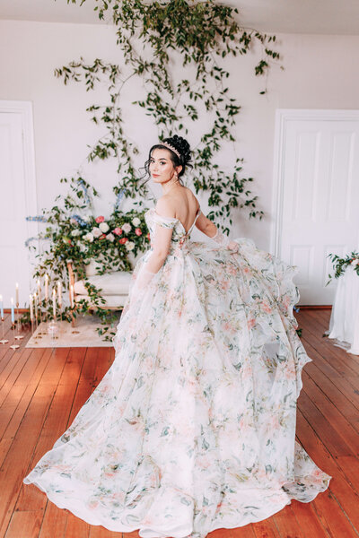 Bride wearing floral dress  for bridgerton inspired wedding