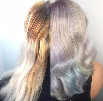 Before and after image of client with hair that has been bleached a platinum blonde with faint coloured lowlights added to it.