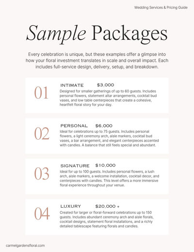 Carmel Gardens wedding florist pricing packages