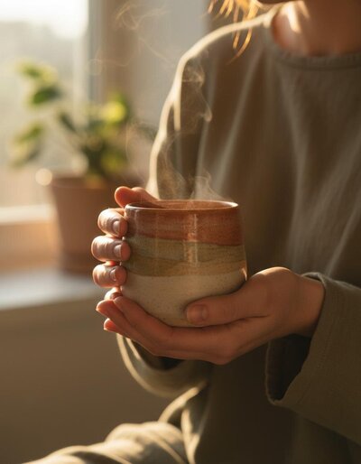 A person in a cozy sweater holds a steaming ceramic mug with both hands. Soft sunlight streams through a window, and a blurred potted plant is visible in the background—evoking the warmth of anxiety and depression counseling in Southern California.