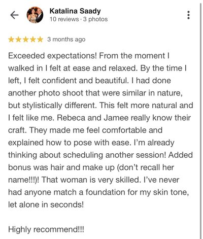 Google review for Beca Bruner Photo