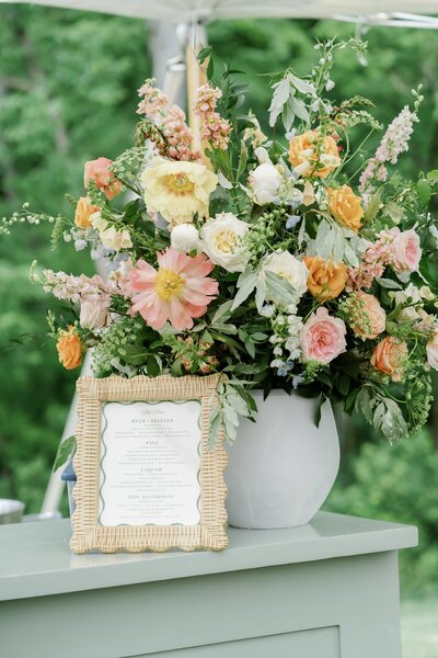 Colorful flower arrangement for a wedding at The Meshewa House