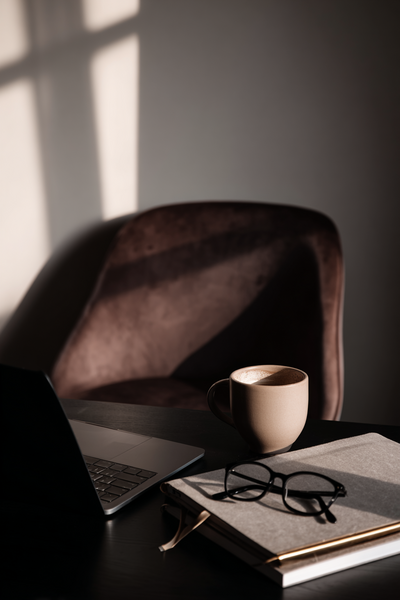 Warm minimalist workspace with laptop, coffee cup, and sunlight — representing Ayah Official’s 6-month VIP mentorship program for women entrepreneurs seeking hands-on coaching and business clarity.