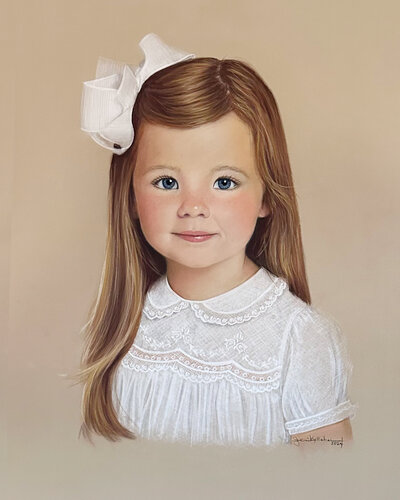 Hand-painted pastel portrait of a girl in a white Feltman Brothers dress, capturing the beauty of childhood through artistic skill and soft color tones.