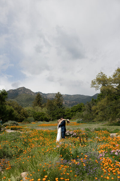couple kissing in the middle of a wildflower field in santa barbara