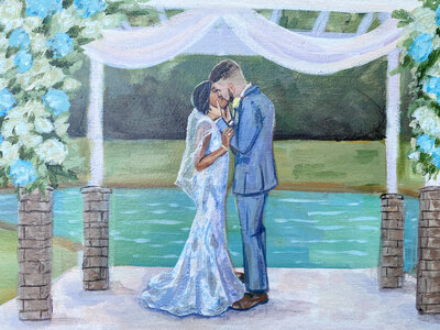 Live wedding painting capturing an interracial couple sharing their first kiss at an outdoor lake ceremony at Ivy on the Plains