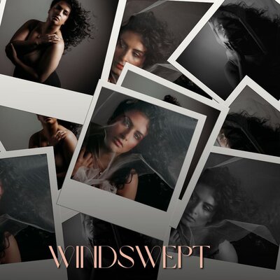 A series of soft-focus portraits featuring a woman with voluminous curls, framed in overlapping polaroids. The session captures moody lighting, flowing tulle, and movement, giving the impression of wind and introspective emotion.