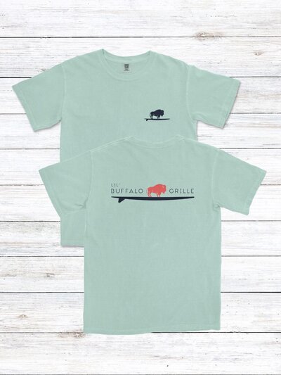 Mint green short-sleeve t-shirt featuring the Lil' Buffalo Grille logo on the front and a large full-color logo across the back with coral buffalo and black surfboard.