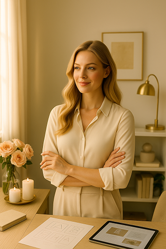 Confident businesswoman standing in a stylish workspace, surrounded by branding materials and candles.