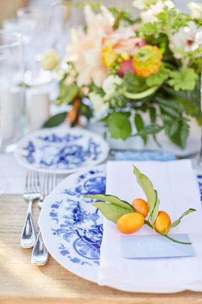 colorful-orange-blue-antique-dishes-weddings-rancho-santa-fe