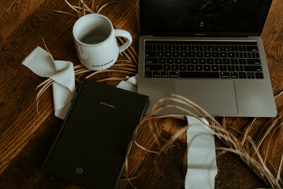 computer, notebook and coffee