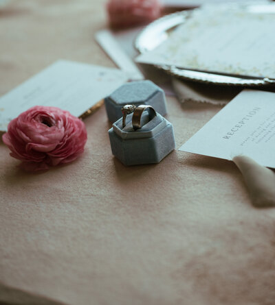 close up image of details including bride and groom rings