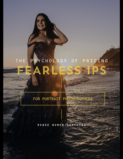magazine cover that says Fearless IPS the psychology of sales for portrait photographers with an image of a girl standing in the water at the beach looking off to the side at sunset
