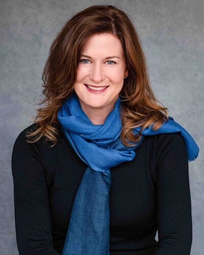Headshot of woman with blue scarf in Marin County